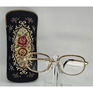 Vintage FRAME GERMANY Gold Tone Eyeglasses 50-18 w Original Needlepoint Case Bd2